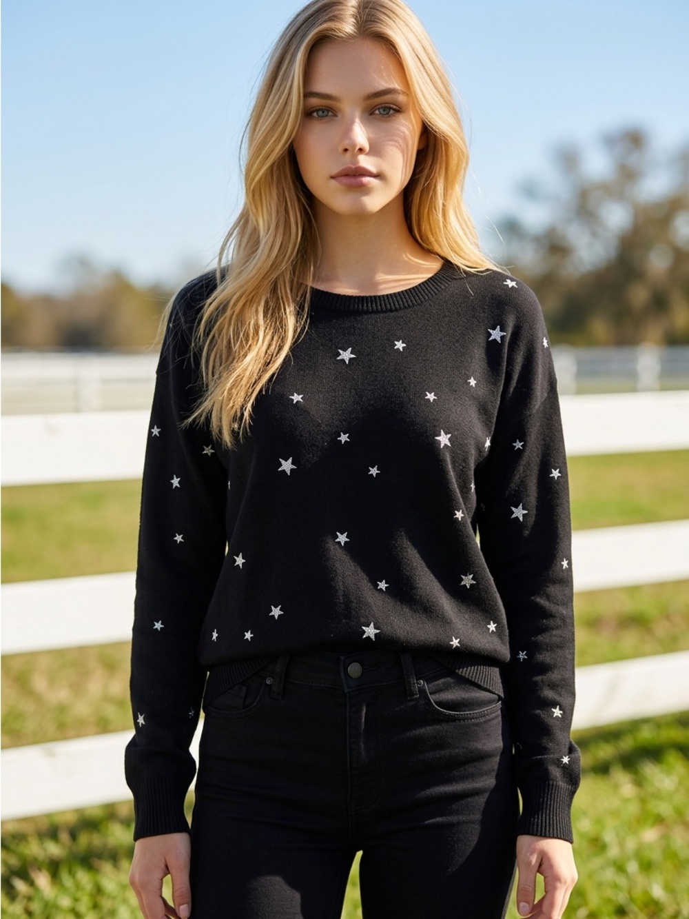 NWT GAP Black Crewneck Thin Sweater with White Star Accents